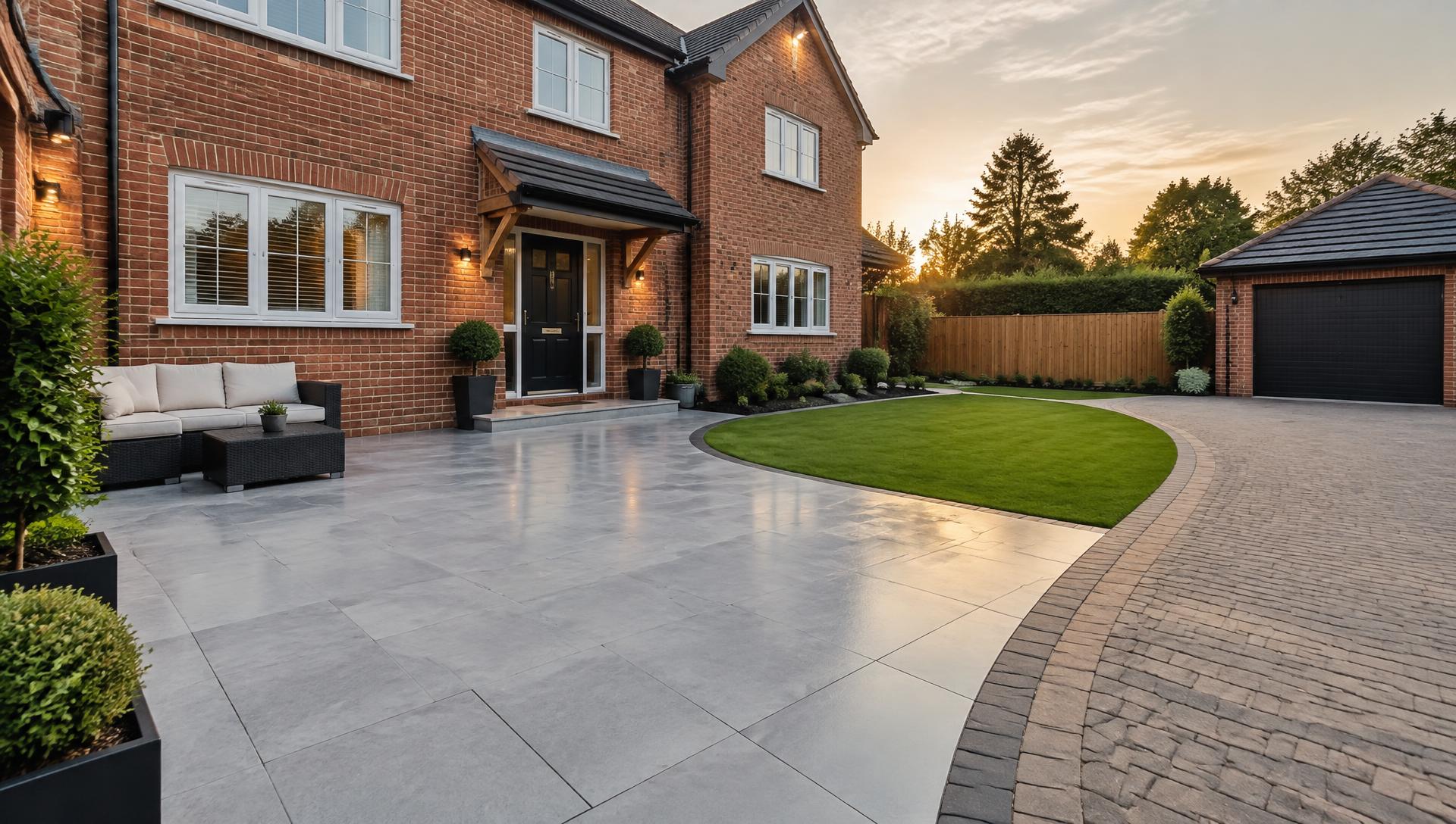Porcelain patio and block-paved driveway outside a brick home