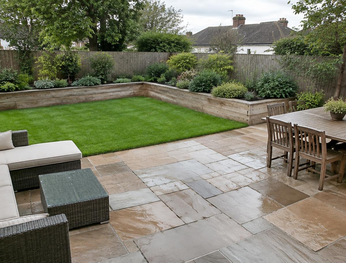 Finished stone patio and lawn